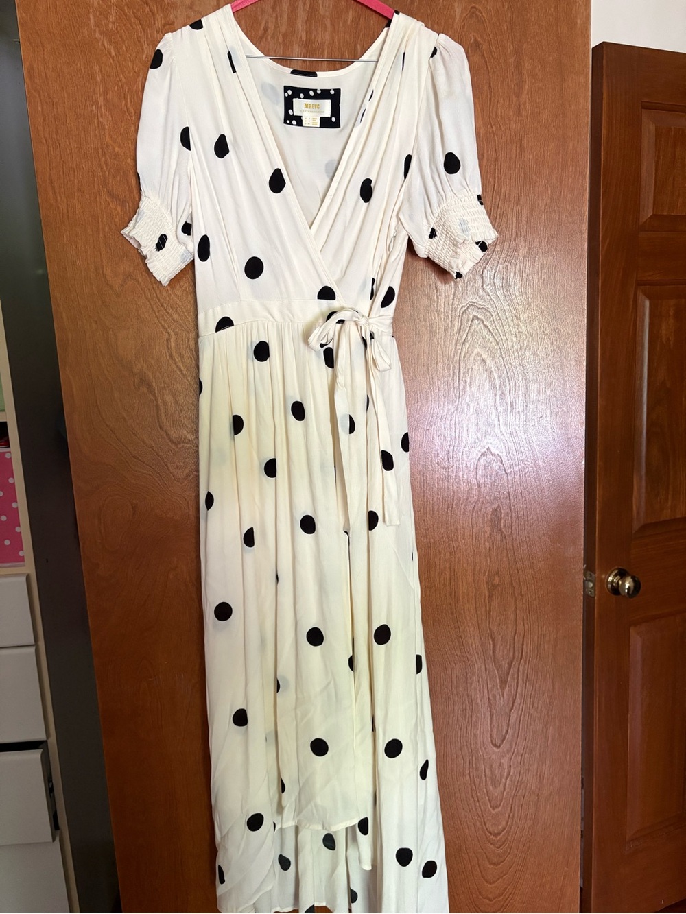 Anthropologie Cream Maxi Wrap Dress with Black Polka Dots